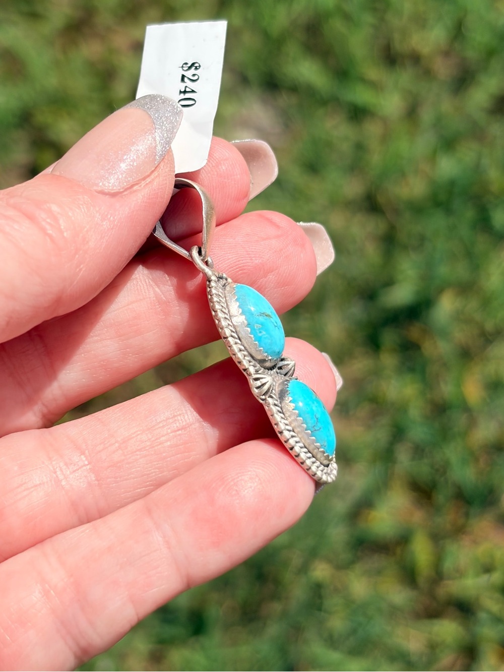 925 Sterling Silver Tonopah Turquoise Double Stone Pendant - Picture 2 of 10